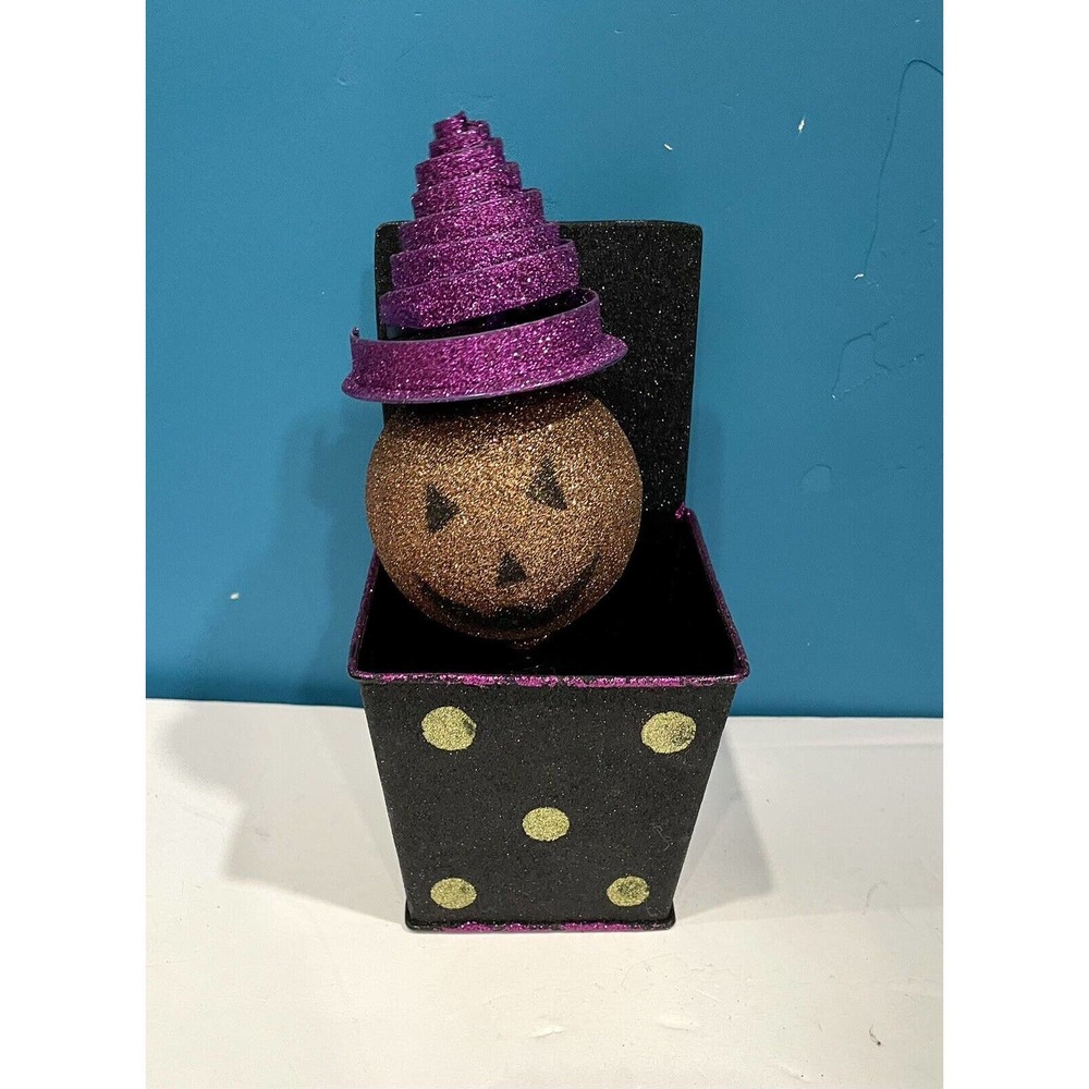 Halloween Bobble Head Jack-O-Lantern In A Box Black Spiral Hat Heavy Glitter